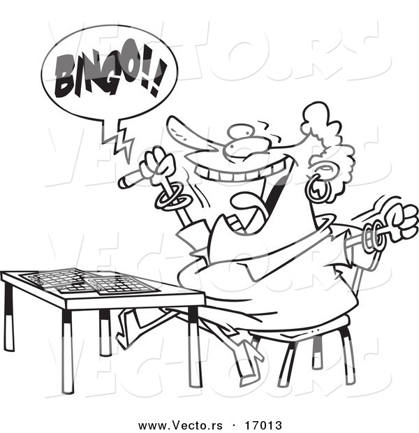 Vector of a Cartoon Woman Shouting Bingo - Coloring Page Outline