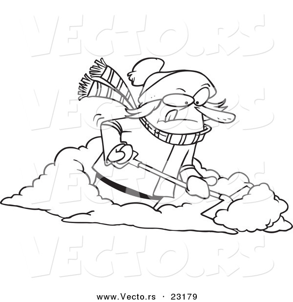 Vector of a Cartoon Woman Shoveling Snow - Coloring Page Outline