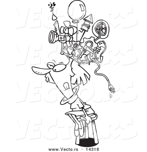 Vector of a Cartoon Woman Sitting on a Stool and Wearing a Thinking Cap - Coloring Page Outline
