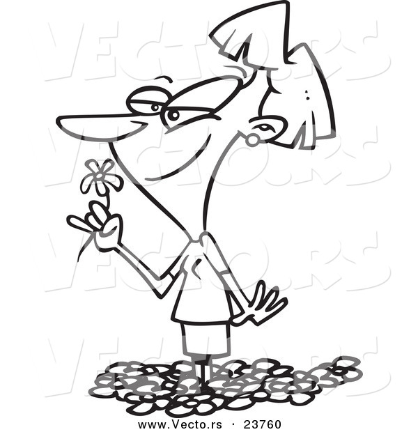 Vector of a Cartoon Woman Smelling Spring Flowers - Coloring Page Outline