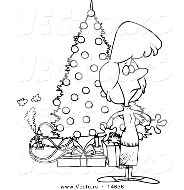 Vector of a Cartoon Woman Standing by a Christmas Tree with an Overloaded an Electrical Socket - Coloring Page Outline