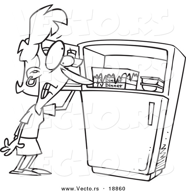 Vector of a Cartoon Woman Standing by a Freezer During a Hot Flash - Outlined Coloring Page