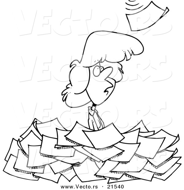 Vector of a Cartoon Woman Standing in a Pile of Paperwork - Outlined Coloring Page
