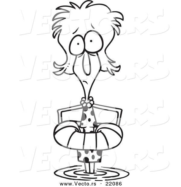 Vector of a Cartoon Woman Standing in Shallow Water with a Life Buoy - Outlined Coloring Page