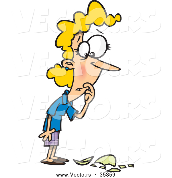 Vector of a Cartoon Woman Standing over and Looking at a Broken Glass with an Oops Facial Expression