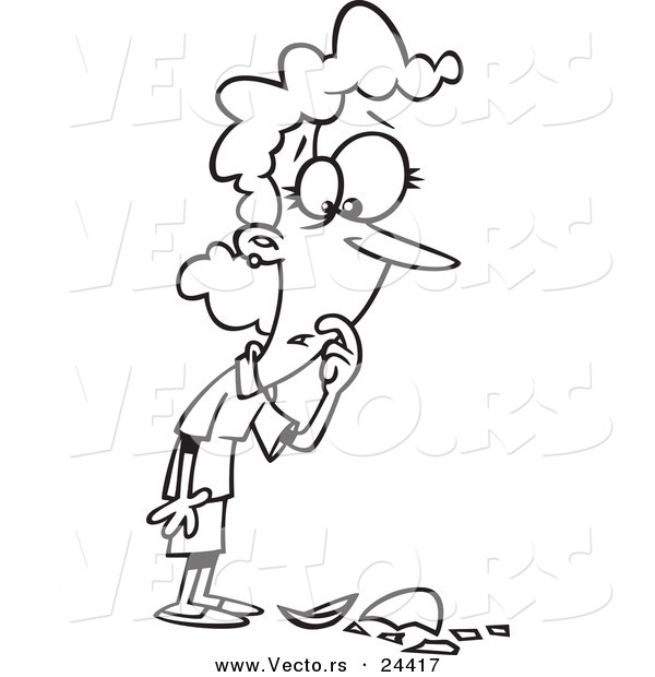 Vector of a Cartoon Woman Standing over Broken Glass - Outlined Coloring Page