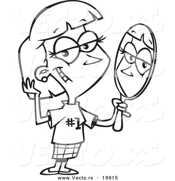 Vector of a Cartoon Woman Staring Vainly in a Mirror - Outlined Coloring Page