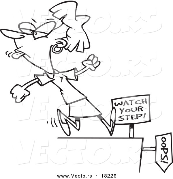 Vector of a Cartoon Woman Sticking Her Tongue out and Approaching a Cliff - Outlined Coloring Page