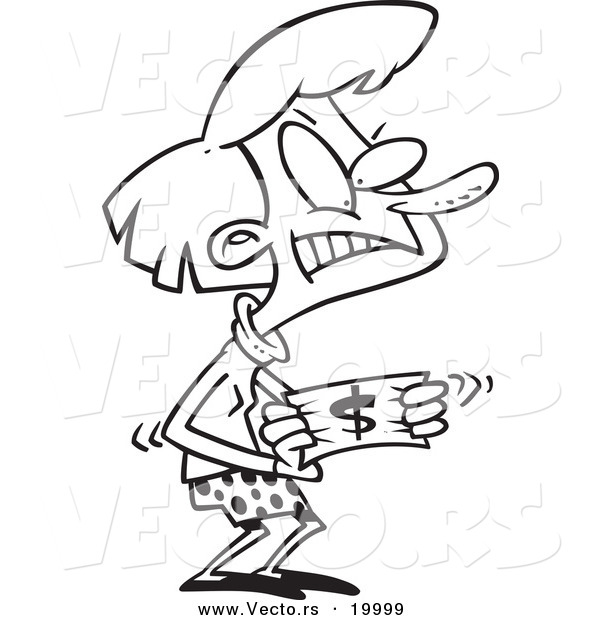 Vector of a Cartoon Woman Stretching a Dollar - Outlined Coloring Page