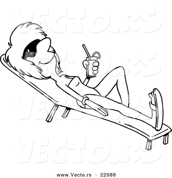 Vector of a Cartoon Woman Sun Bathing with a Beverage - Outlined Coloring Page