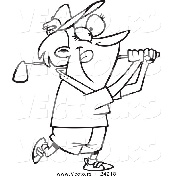 Vector of a Cartoon Woman Swinging a Golf Club - Coloring Page Outline