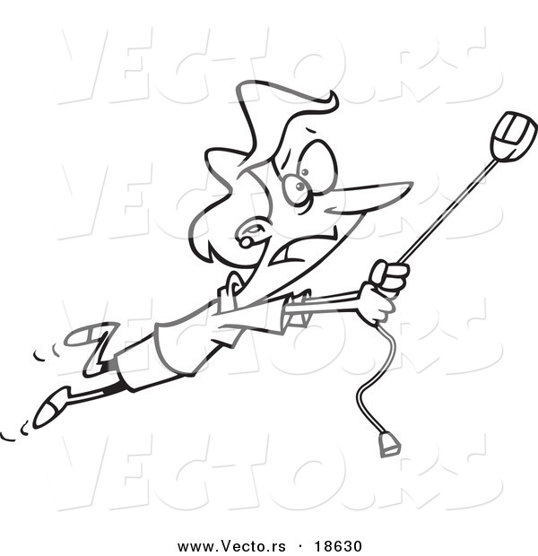 Vector of a Cartoon Woman Swinging on a High Speed Internet Computer Mouse - Outlined Coloring Page