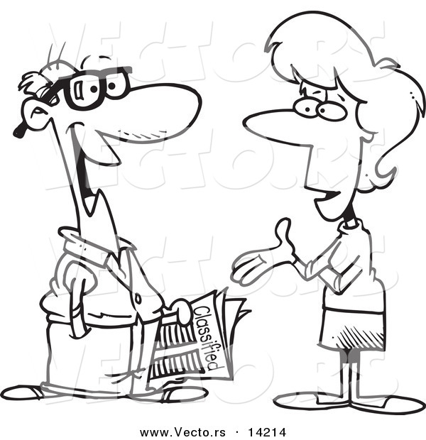 Vector of a Cartoon Woman Talking to a Man About Classified Ads - Coloring Page Outline