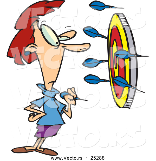Vector of a Cartoon Woman Thinking About Putting a Dart in the Bullseye of a Target Surrounded with Darts on the Wall