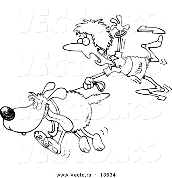 Vector of a Cartoon Woman Trailing After a Dog on a Leash - Coloring Page Outline
