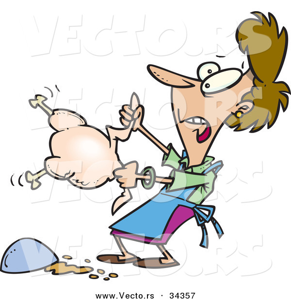 Vector of a Cartoon Woman Trying to Cook a Dead Turkey That's Still Twitching and Alive
