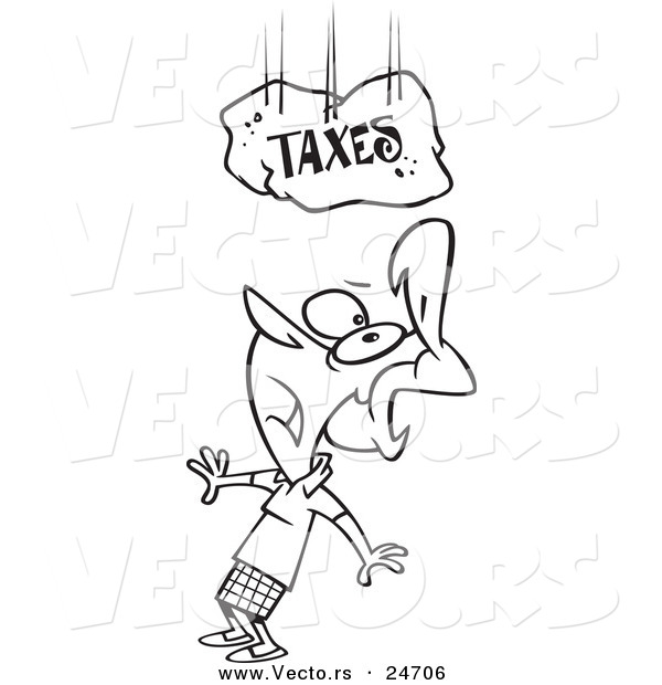 Vector of a Cartoon Woman Under a Falling Taxes Boulder - Outlined Coloring Page