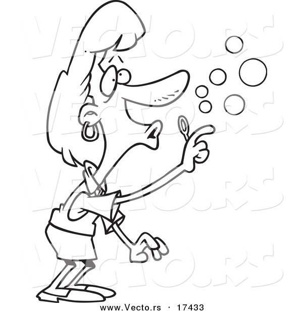 Vector of a Cartoon Woman Using a Bubble Maker - Coloring Page Outline