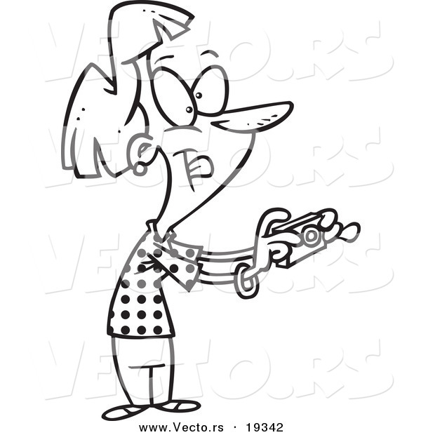 Vector of a Cartoon Woman Using a Digital Camera - Outlined Coloring Page