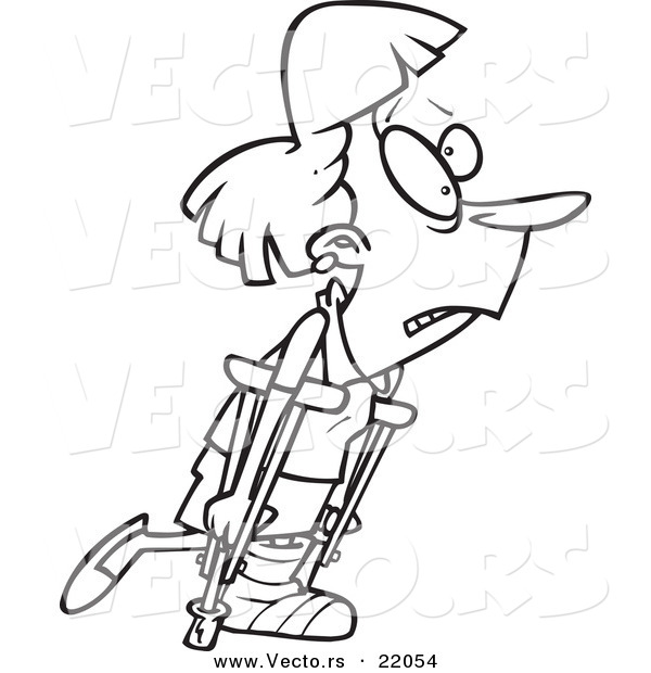 Vector of a Cartoon Woman Using Crutches - Outlined Coloring Page