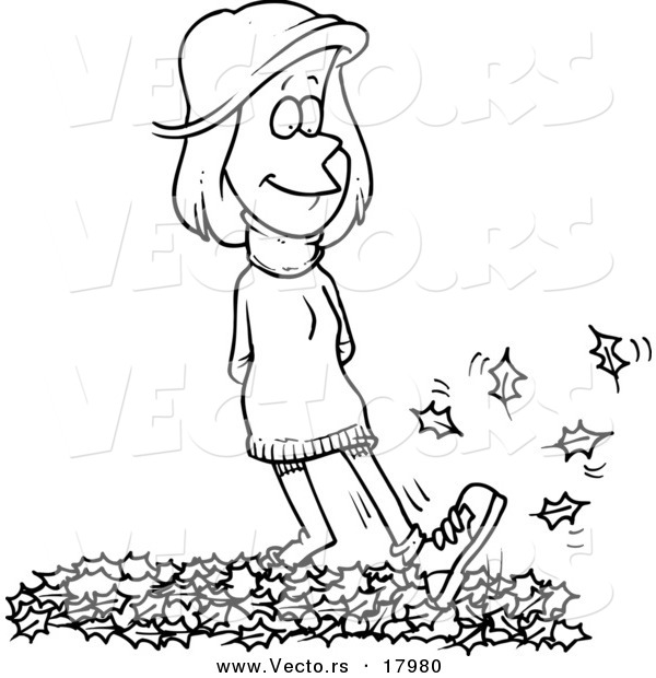 Vector of a Cartoon Woman Walking in Leaves - Outlined Coloring Page