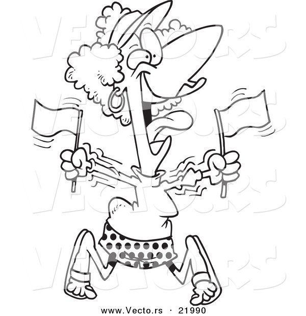 Vector of a Cartoon Woman Waving Flags at a Parade - Outlined Coloring Page