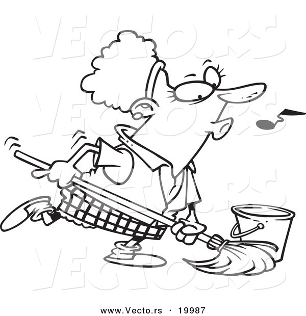 Vector of a Cartoon Woman Whistling While Mopping - Outlined Coloring Page