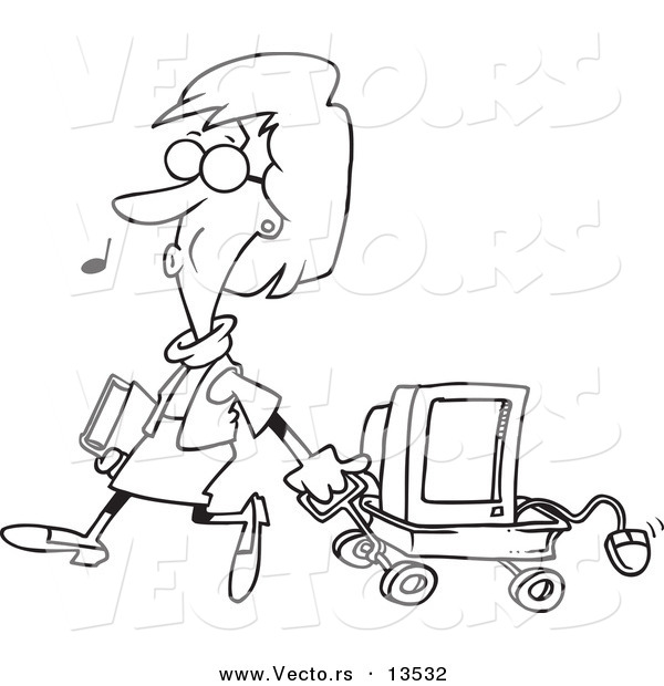 Vector of a Cartoon Woman Whistling While Pulling Computer in a Wagon - Coloring Page Outline