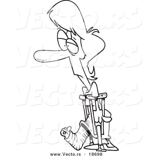 Vector of a Cartoon Woman with a Cast and Crutches - Outlined Coloring Page