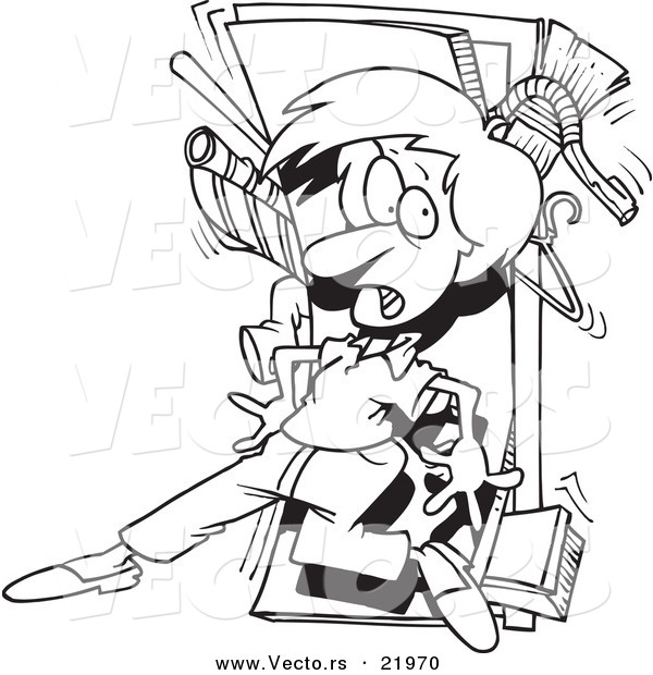 Vector of a Cartoon Woman with a Messy Closet - Outlined Coloring Page