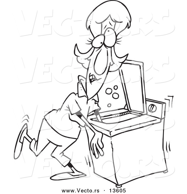 Vector of a Cartoon Woman with Her Arm Stuck in a Washing Machine - Coloring Page Outline