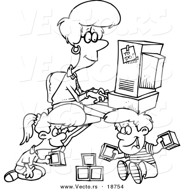 Vector of a Cartoon Woman Working on Her Computer As Her Kids Play - Outlined Coloring Page