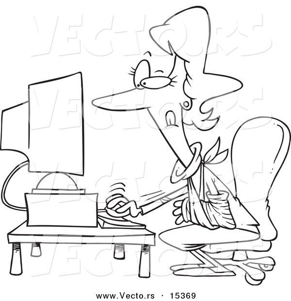 Vector of a Cartoon Woman Working with a Broken Arm - Coloring Page Outline
