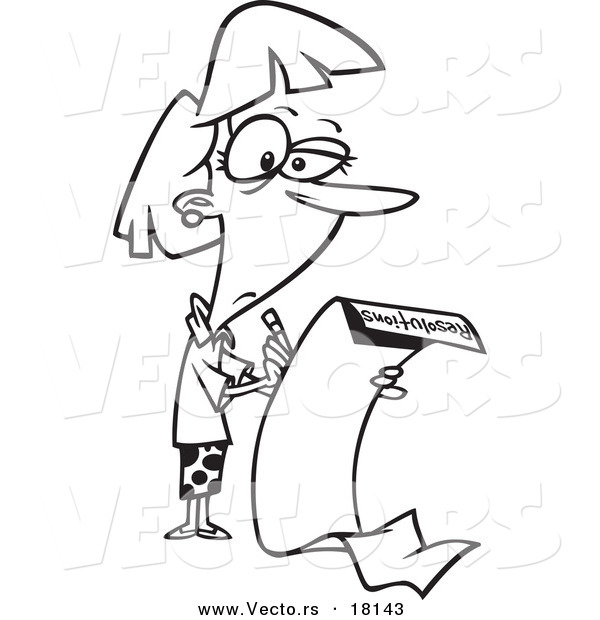 Vector of a Cartoon Woman Writing a Long List of Resolutions - Outlined Coloring Page