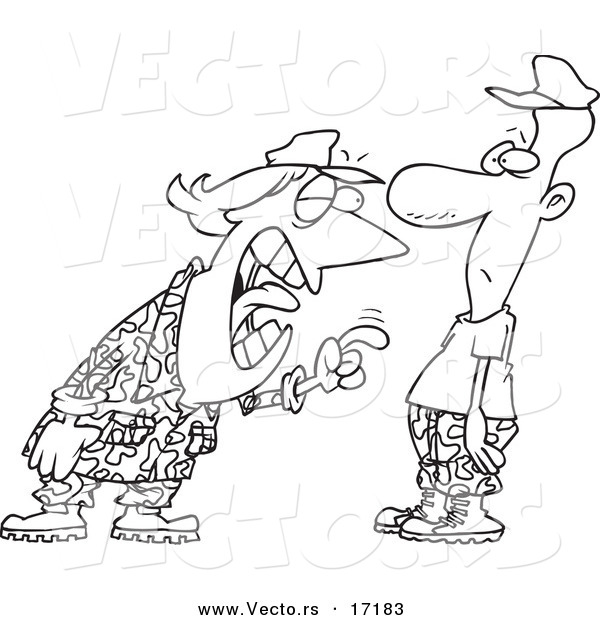 Vector of a Cartoon Woman Yelling at a Military Man in Boot Camp - Coloring Page Outline