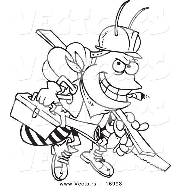 Vector of a Cartoon Worker Bee Carrying Tools - Coloring Page Outline