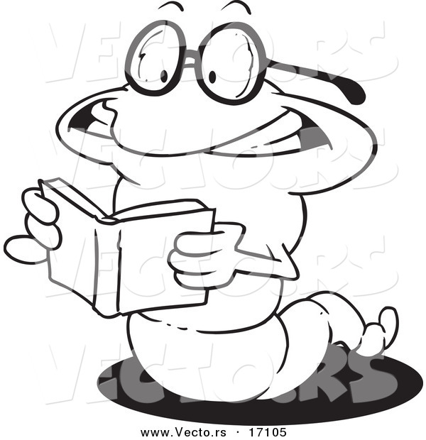 Vector of a Cartoon Worm Reading a Book - Coloring Page Outline