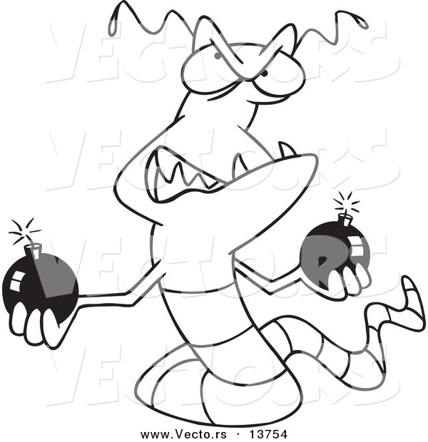 Vector of a Cartoon Worm Virus Holding Bombs - Coloring Page Outline
