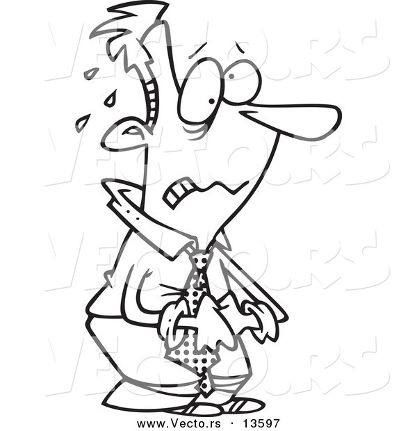 Vector of a Cartoon Worried Businessman Clasping His Hands and Sweating - Coloring Page Outline