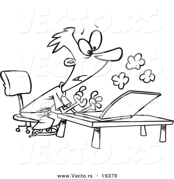 Vector of a Cartoon Young Man Using a Smoking Laptop - Outlined Coloring Page