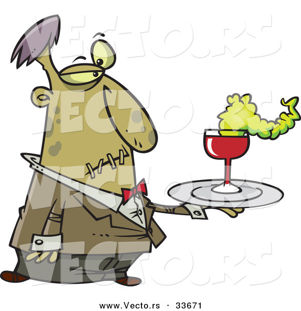 Vector of a Cartoon Zombie Waiter Serving Drinks at Halloween Party
