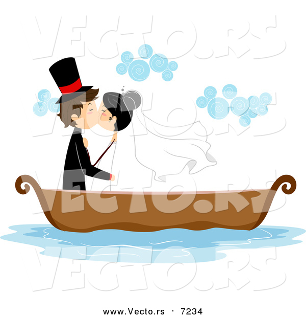 Vector of a Caucasian Bride and Groom Kissing in a Boat