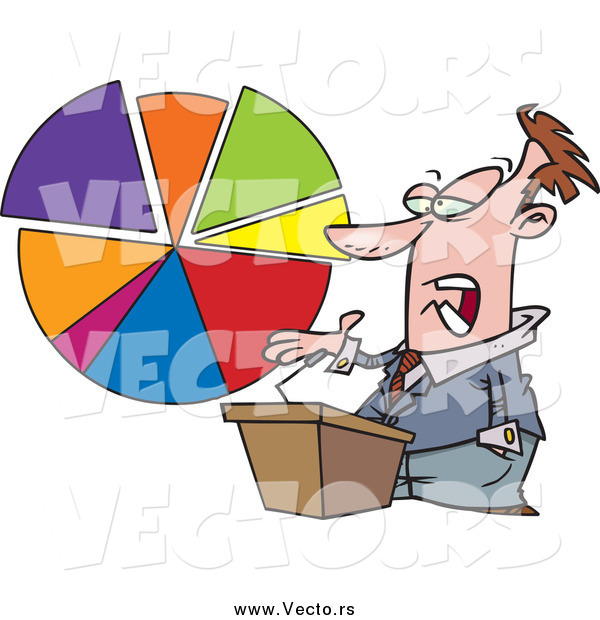 Vector of a Caucasian Business Man Standing at a Podium, Discussing a Pie Chart
