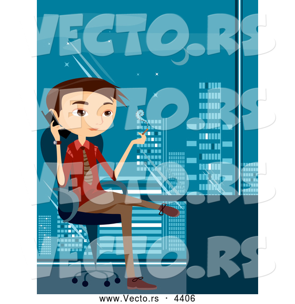 Vector of a Caucasian Businsesman Smoking a Cigarette and Talking on a Phone in an Office