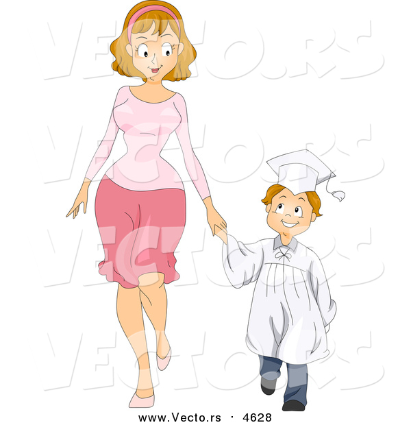 Vector of a Caucasian Graduate Boy Holding Hands with His Mom