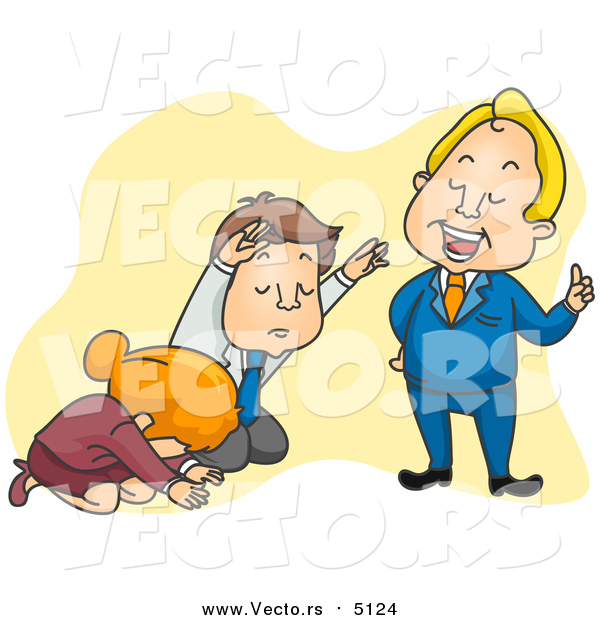 Vector of a Caucasian Man and Woman Kneeling Before a Know It All Boss