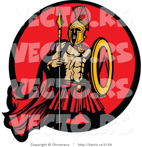 Vector of a Challenging Spartan Armed with a Spear and Shield Within a Circle Icon