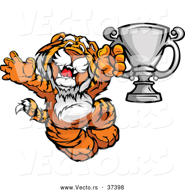 Vector of a Cheerful Cartoon Tiger Champion Mascot with a Trophy