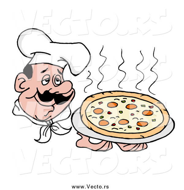 Vector of a Chef Holding a Steaming Pepperoni Pizza Pie