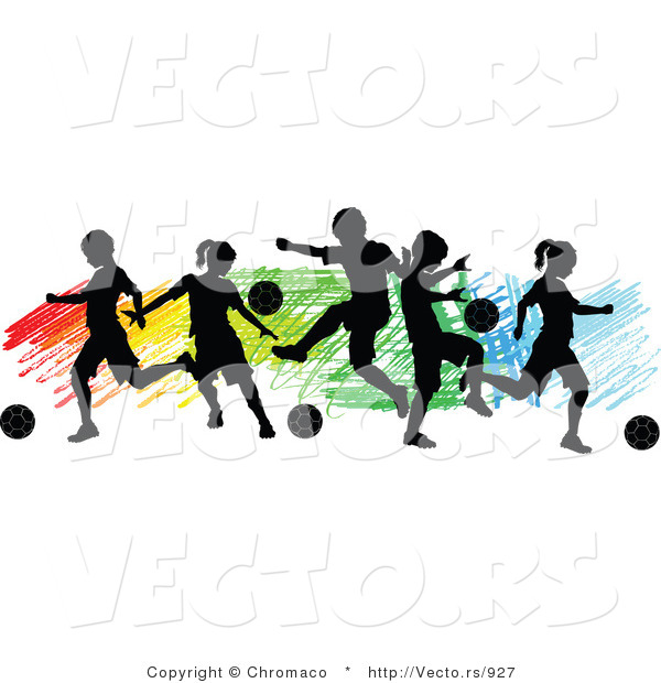 Vector of a Children Playing Soccer over Colorful Background - Silhouette